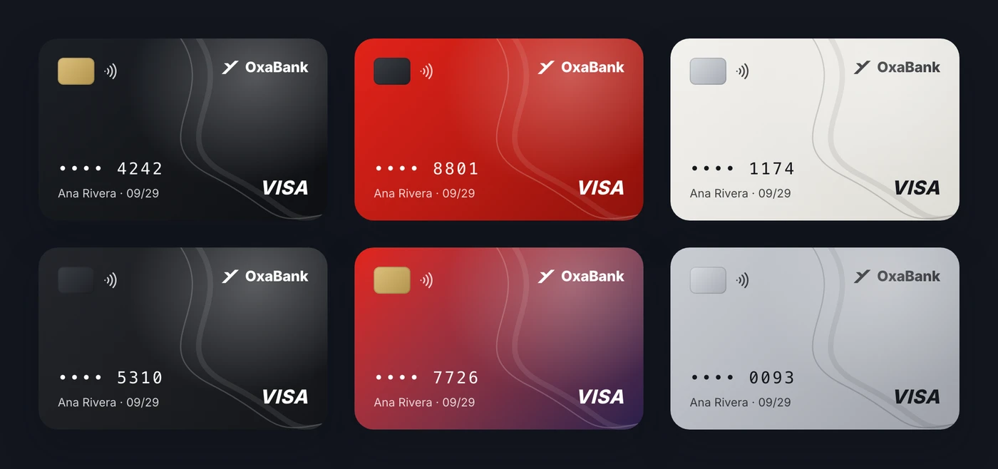 The six OxaBank card designs, all from one brand file