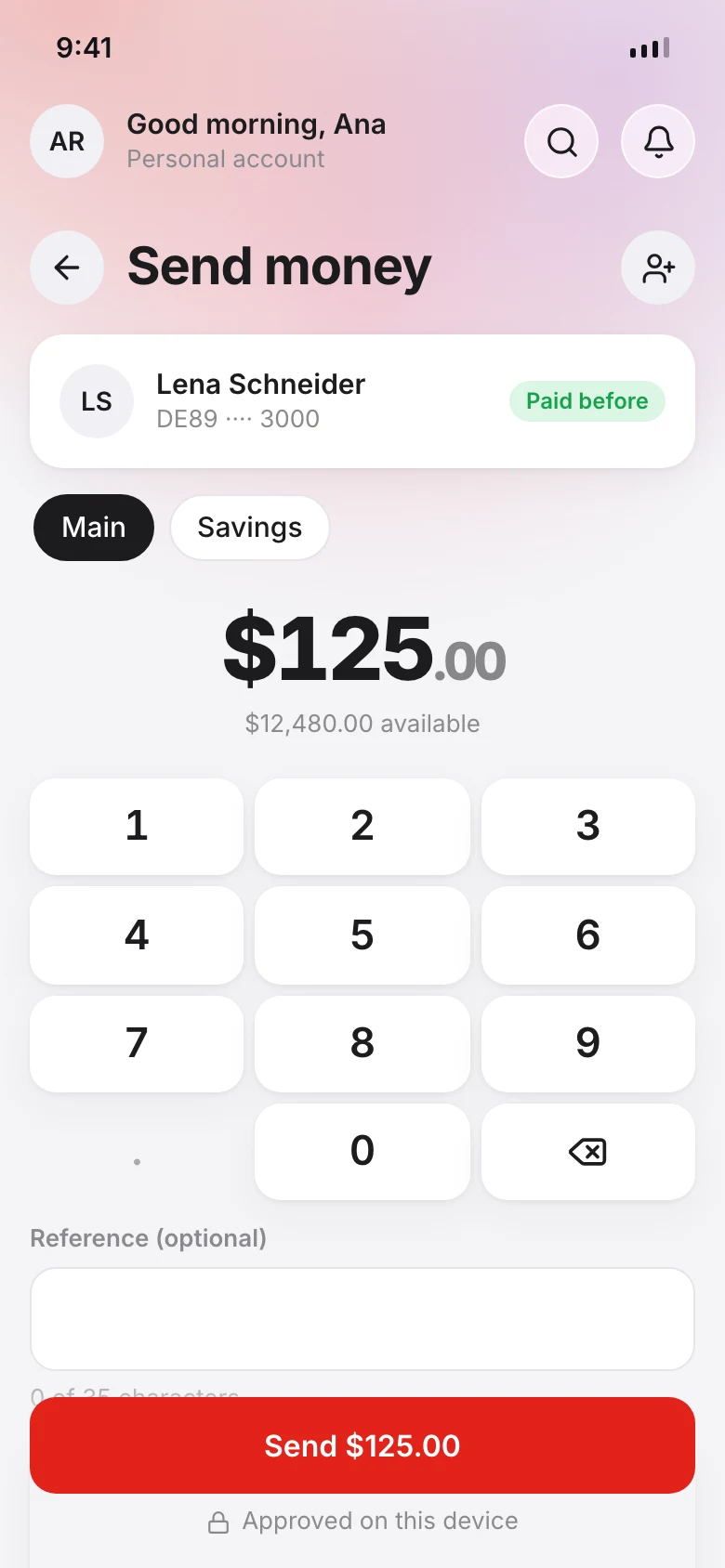 OxaBank app: sending $125.00 to a saved payee