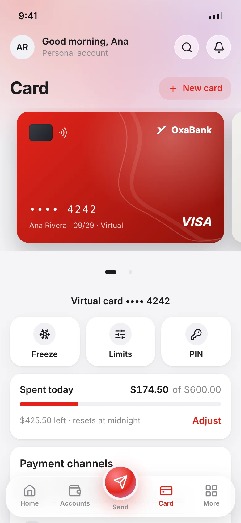 OxaBank app: the card, its limits and what today has spent