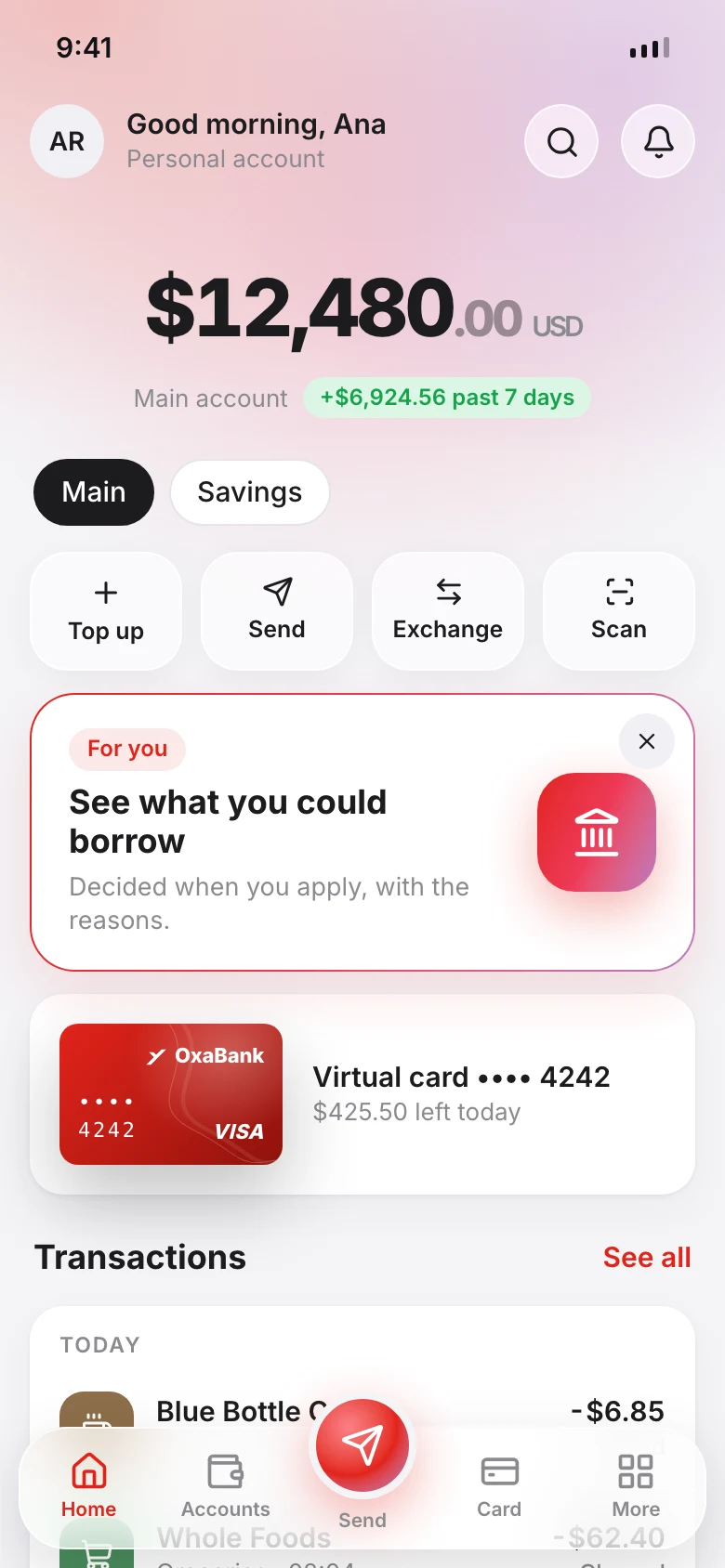 The OxaBank app home screen with accounts and recent activity